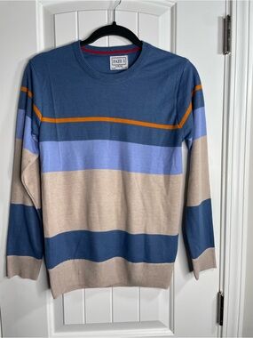 Faze 1 Boys Blue & Tan Striped Crew Sweater Sz L(14/16) small stain on sleeve
